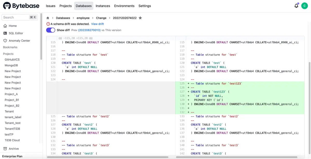 Bytebase change history with diff view