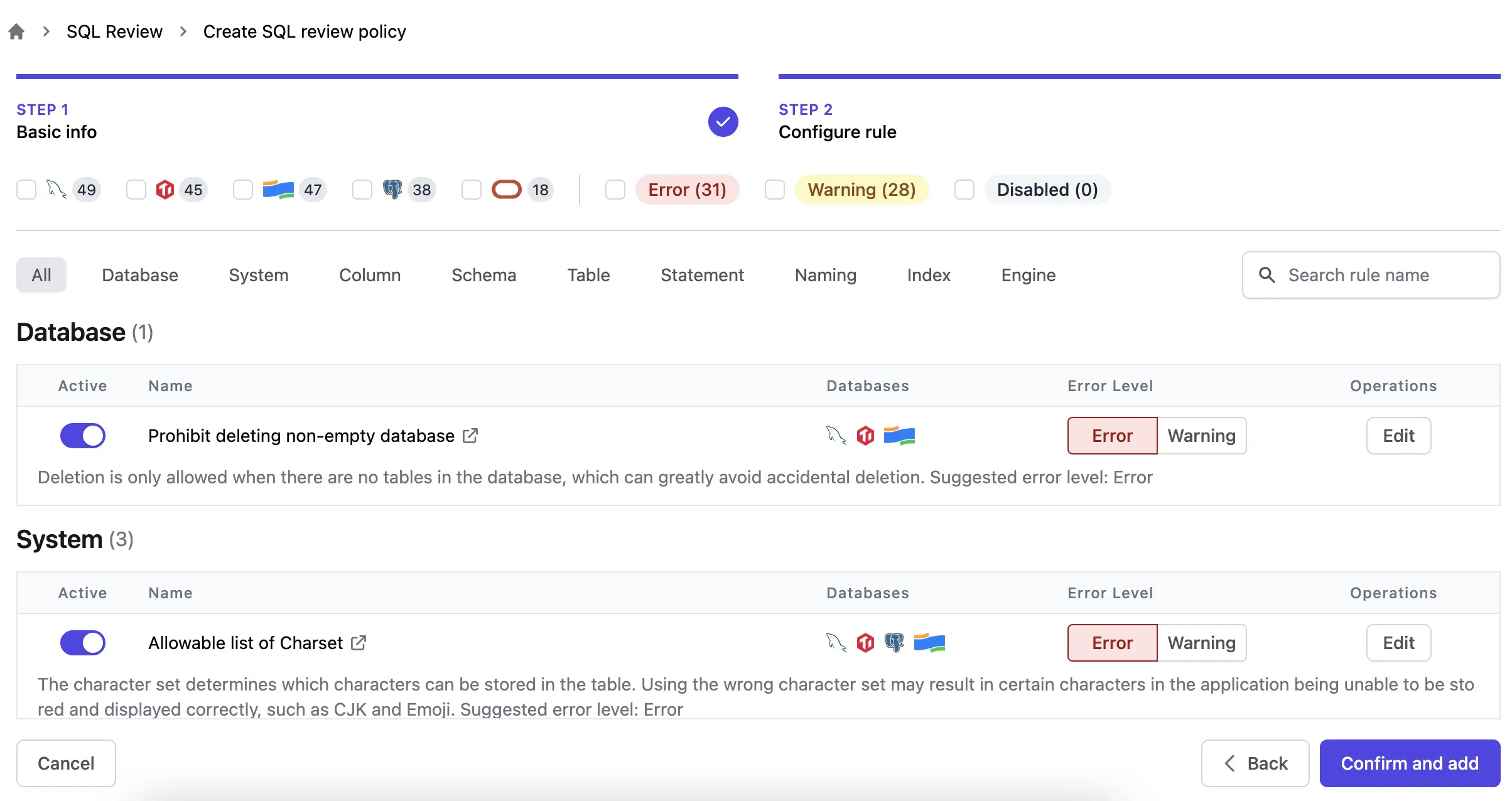 Bytebase SQL review rules configuration