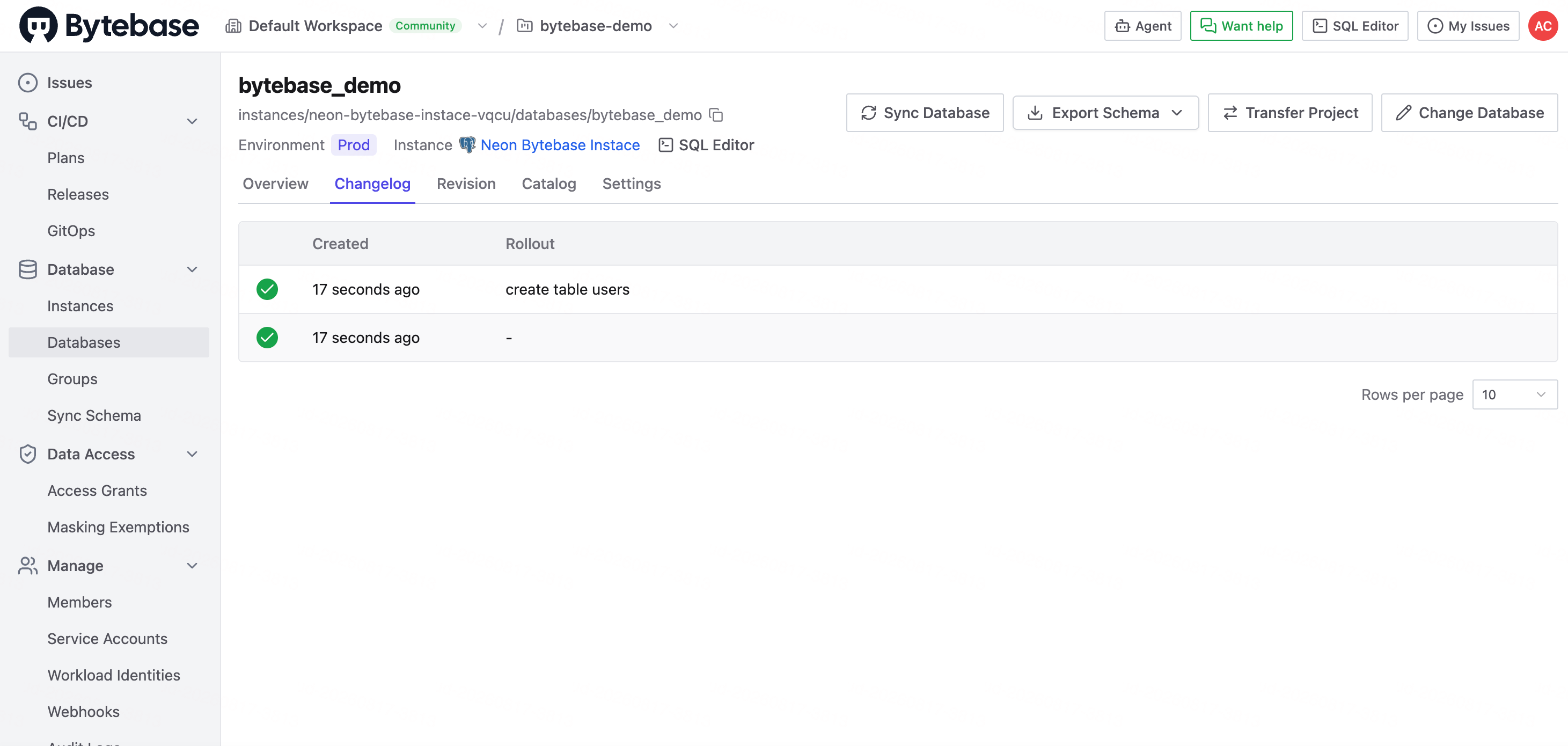 The create table users entry in the Bytebase Changelog