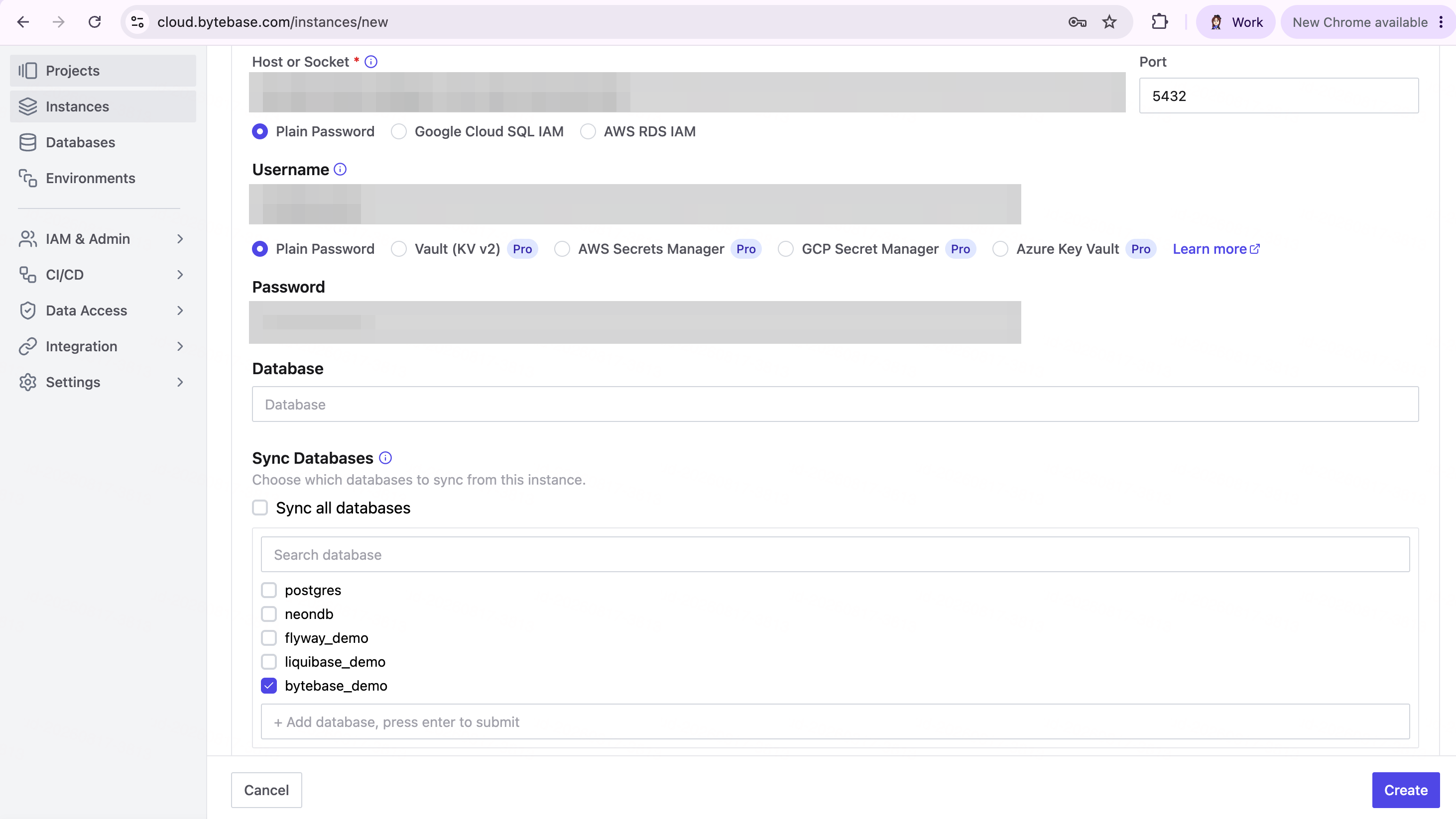 Connecting Bytebase Cloud to Neon and selecting bytebase_demo, with credentials redacted