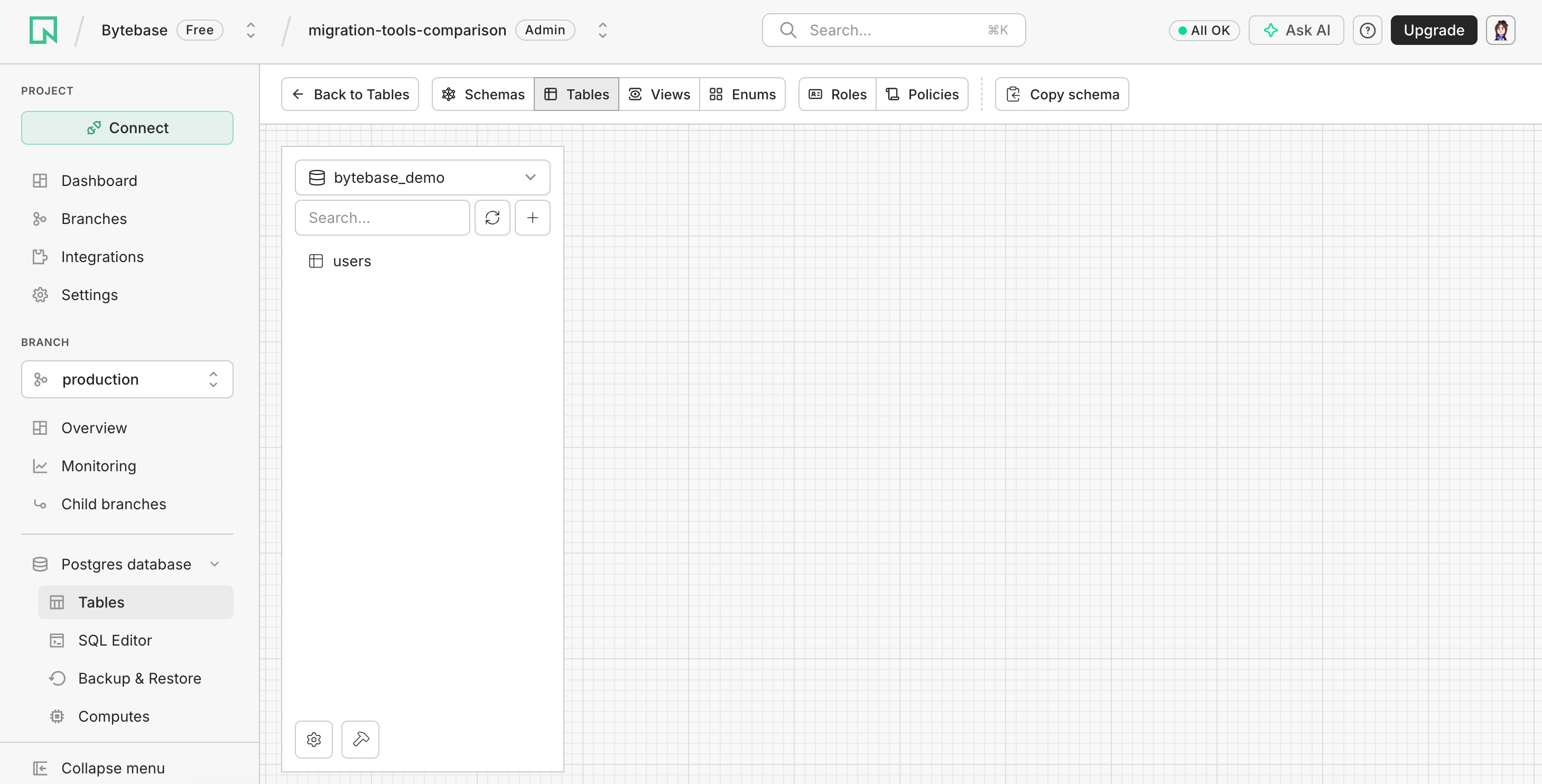 The users table in the Neon bytebase_demo database