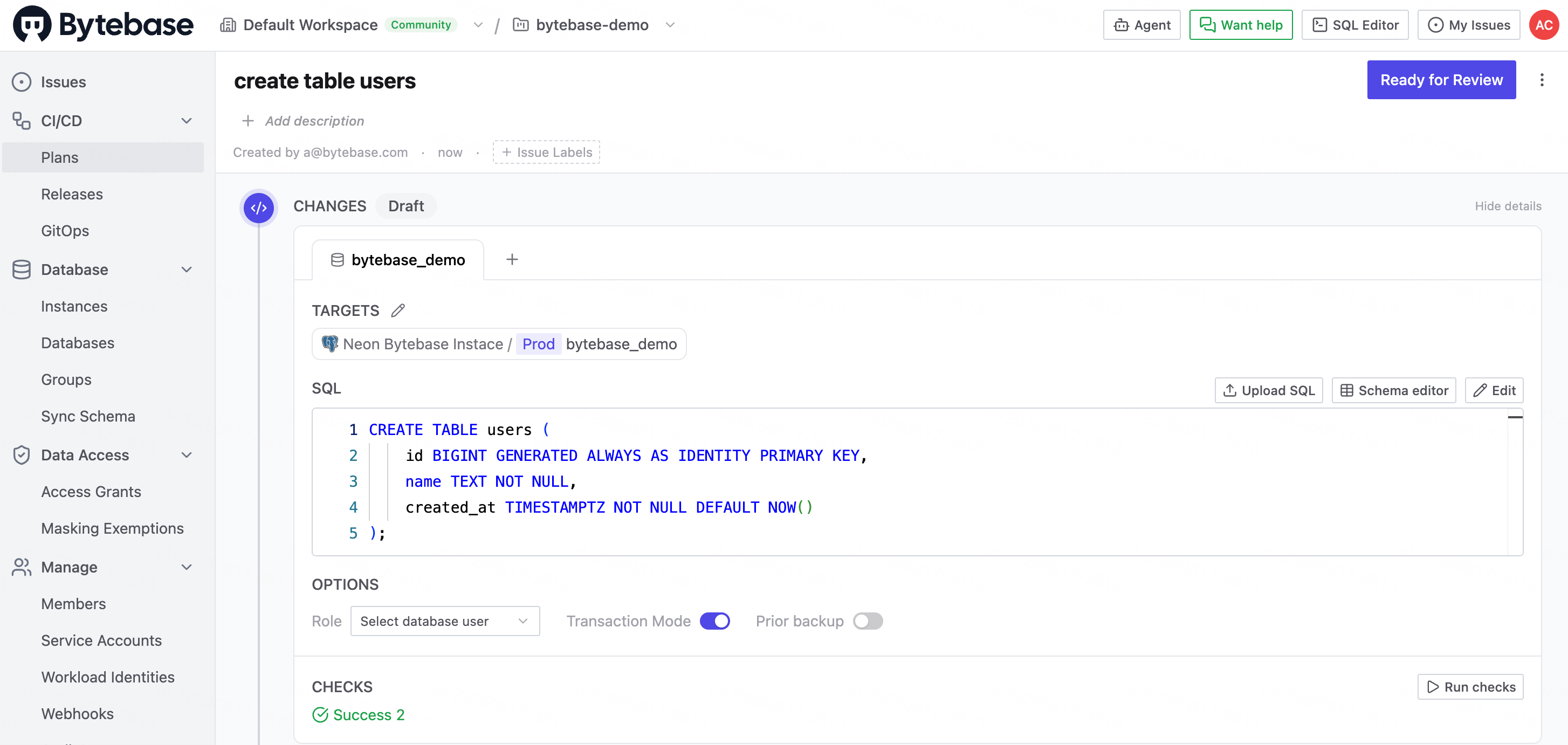The Bytebase plan containing the SQL migration and two successful checks