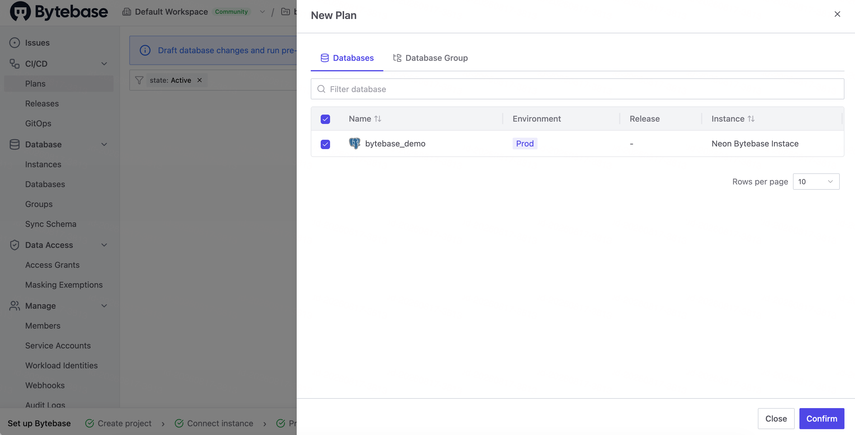 Selecting bytebase_demo as the target of the new plan