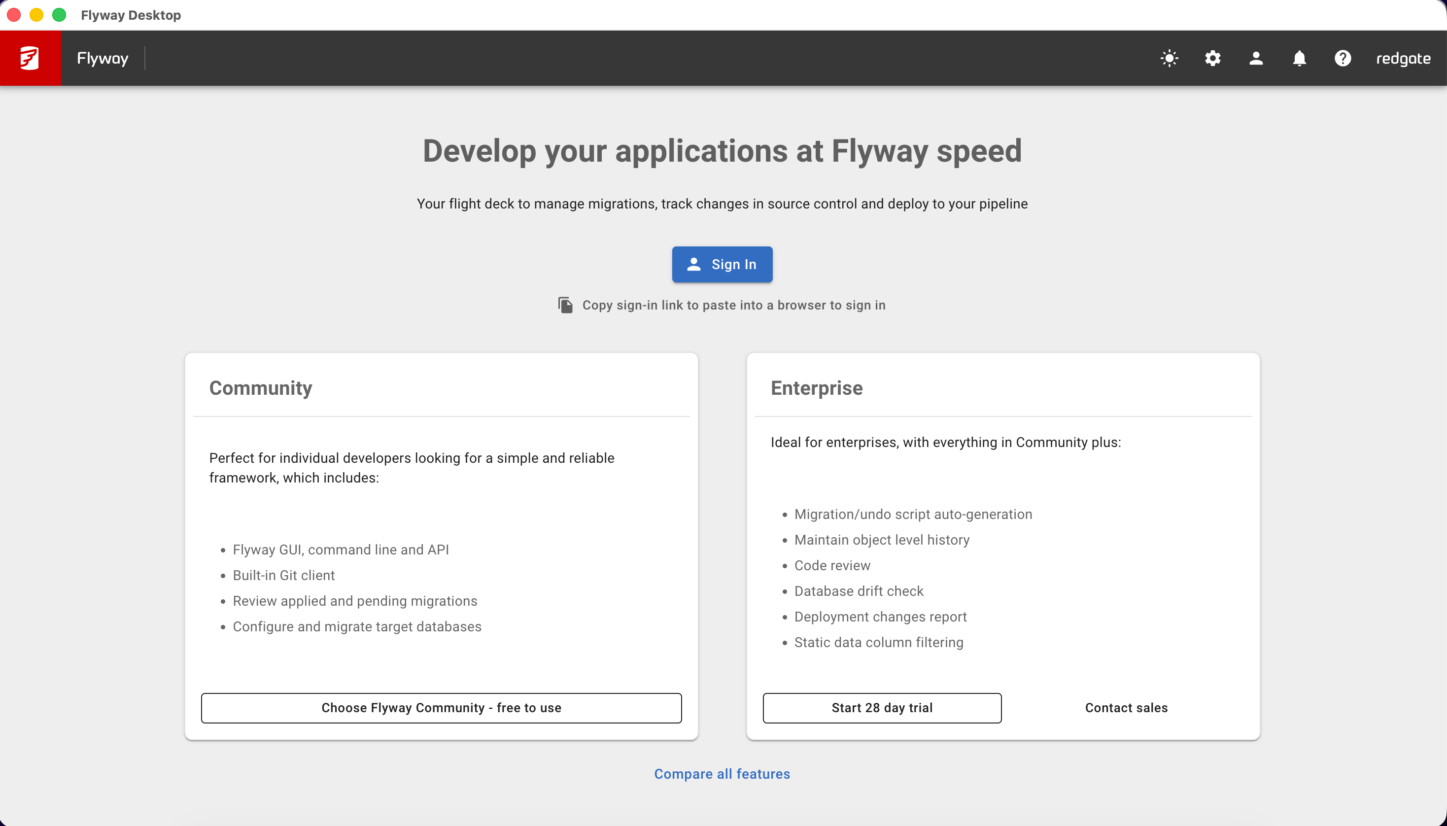 Flyway Desktop asking me to choose between Community and an Enterprise trial