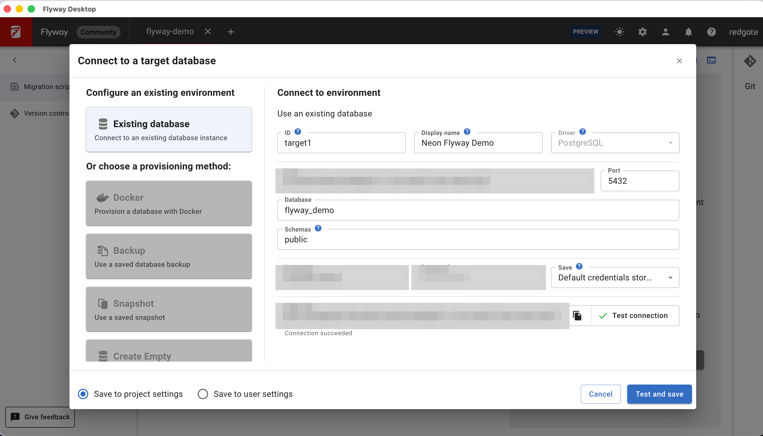 Flyway Desktop successfully connecting to the Neon target database, with credentials redacted