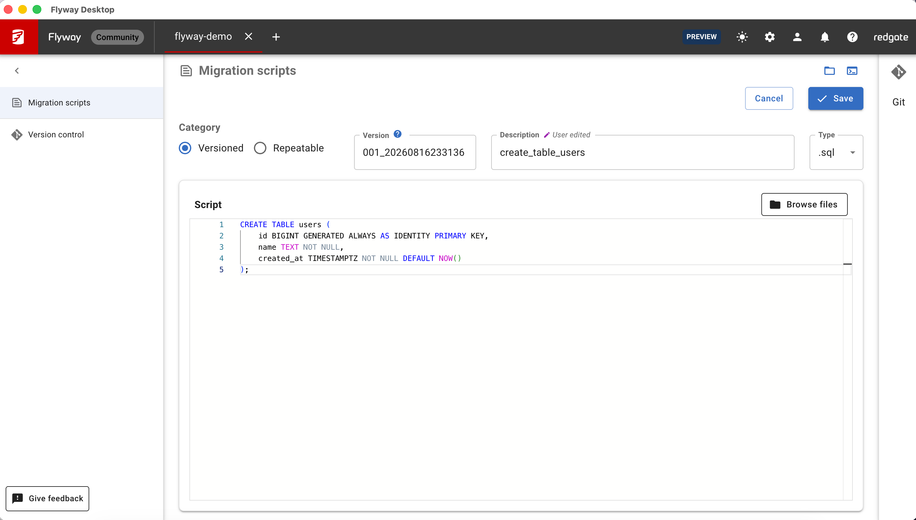 Creating the versioned migration in Flyway Desktop