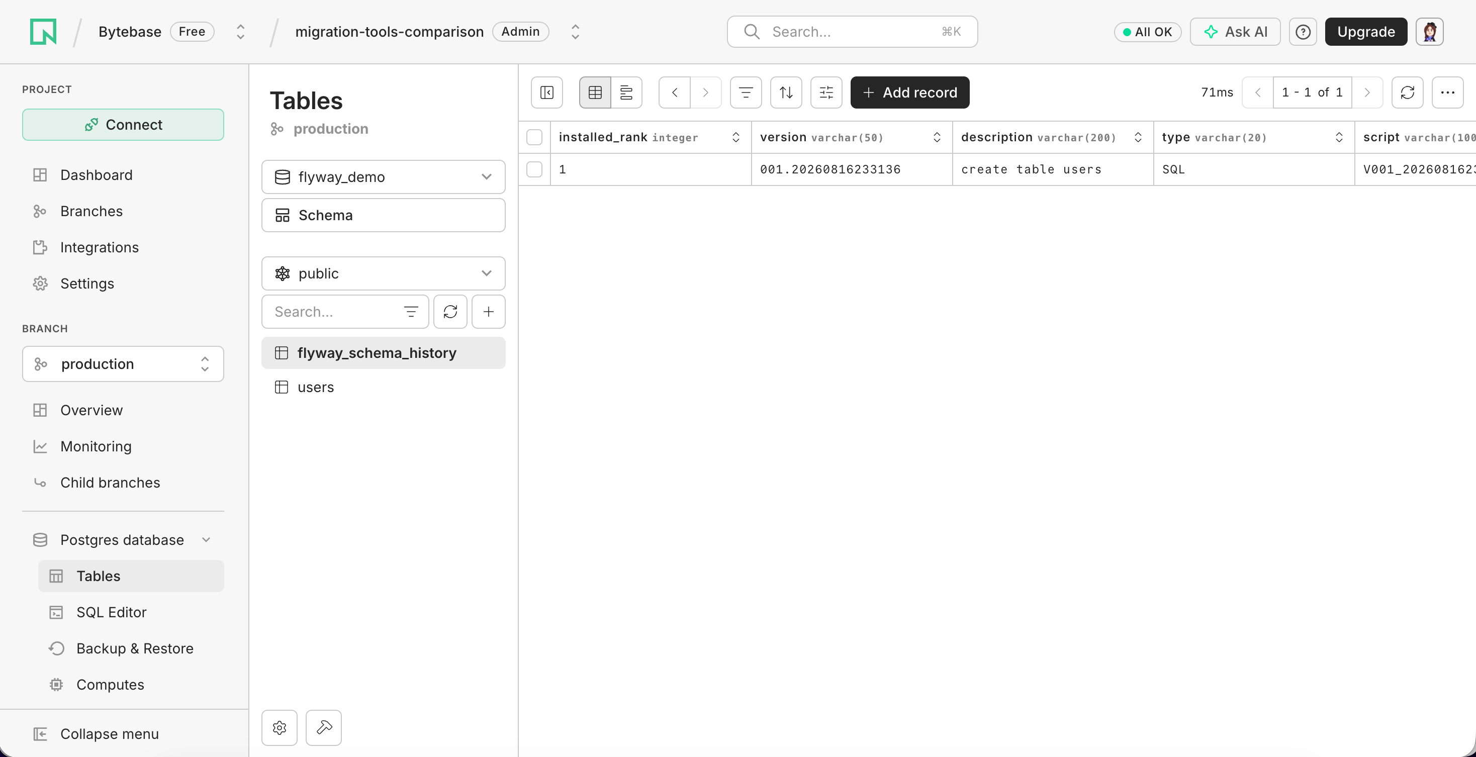 Neon showing the users table and Flyway schema history