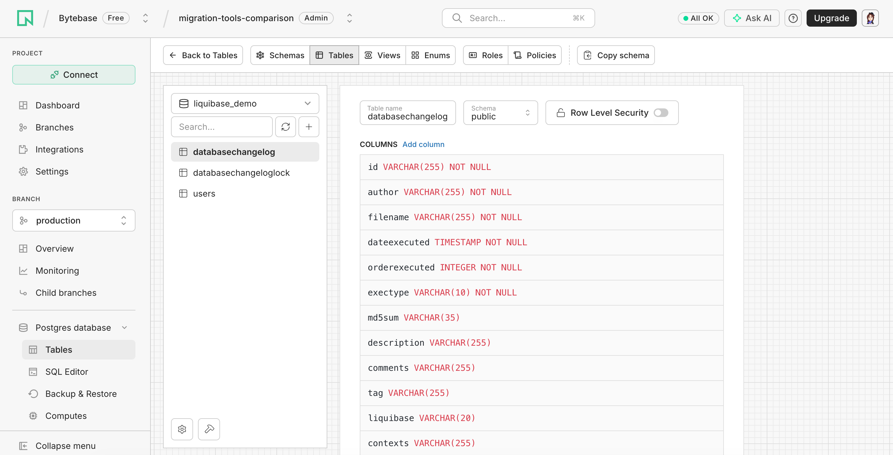 Neon showing the Liquibase tracking tables and the DATABASECHANGELOG structure