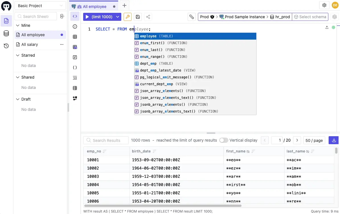 Bytebase SQL Editor with worksheet sharing and data masking